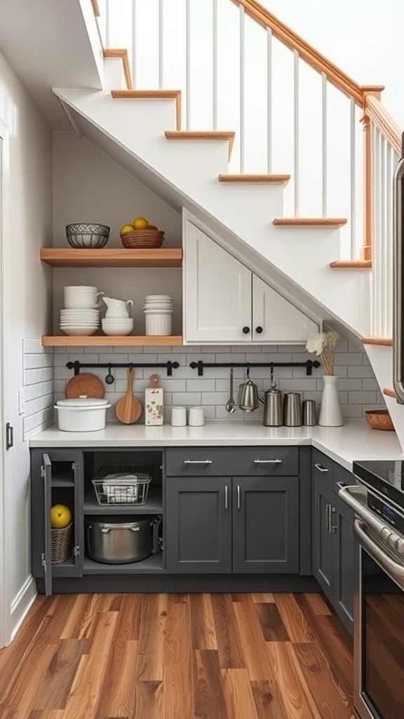 A kitchen area under a staircase featuring open shelves and dark gray cabinets for storage.