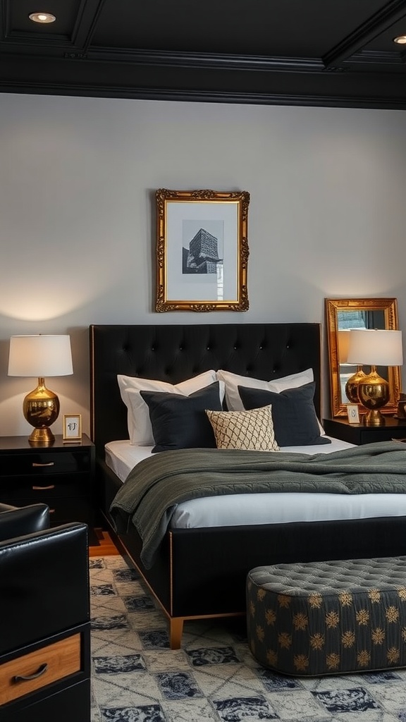 A cozy bedroom featuring dark furniture and metallic accessories.