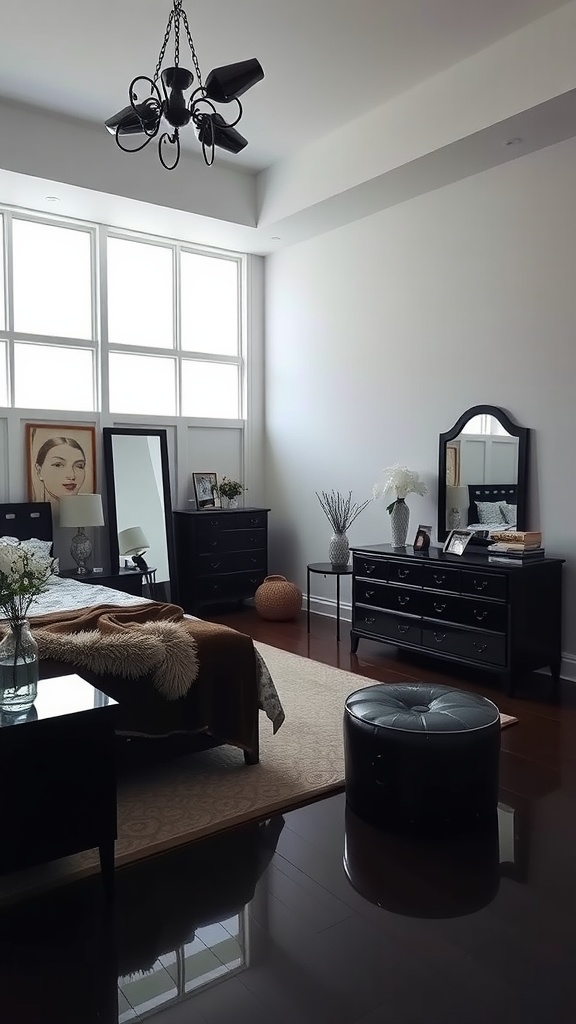 A well-decorated bedroom featuring dark furniture and mirrors