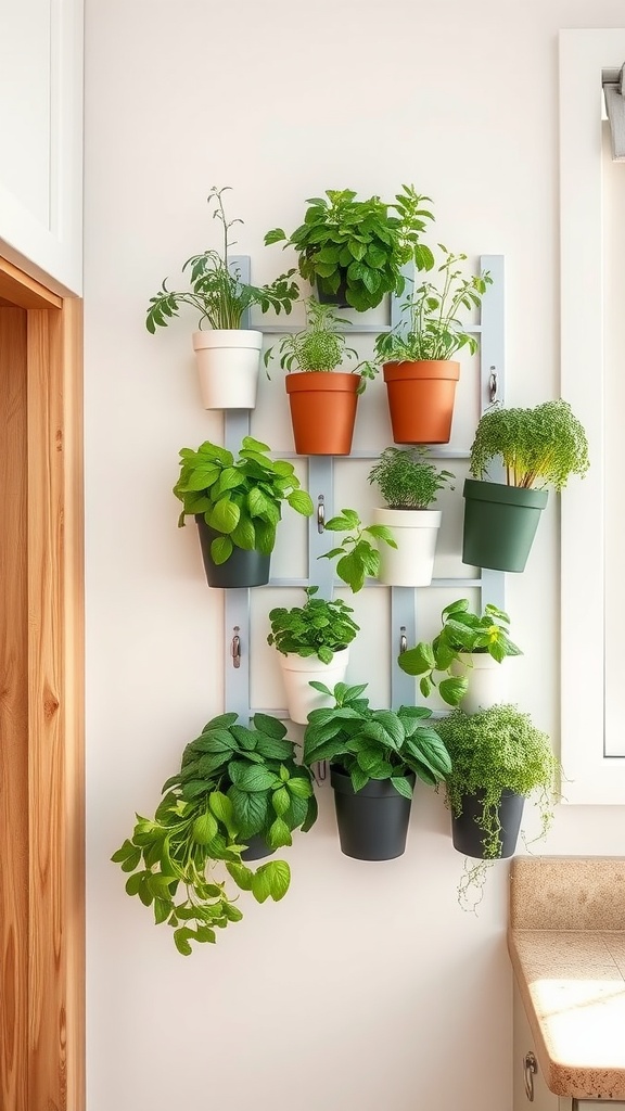 Vertical herb garden decor with various potted herbs on a wall