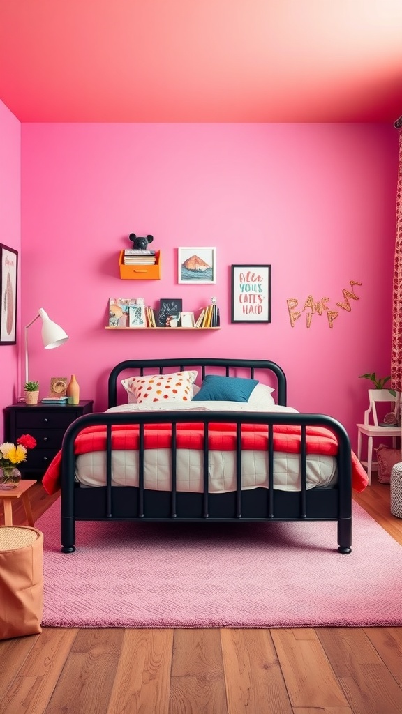 A bedroom featuring a black bed frame against vibrant pink walls, with colorful decor and accessories.