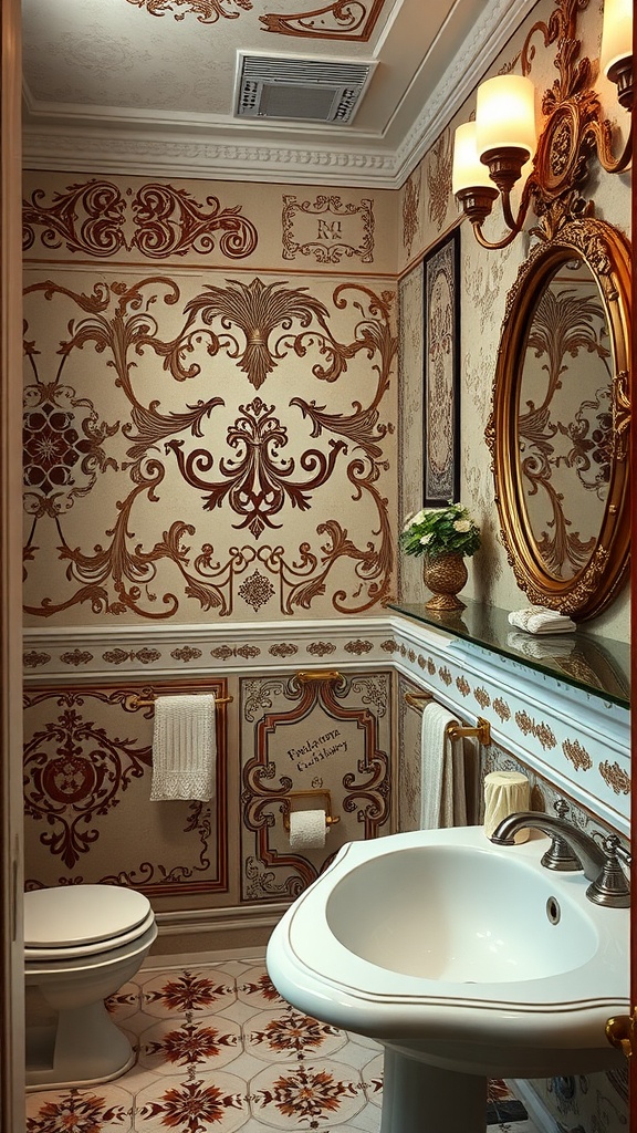 A vintage Victorian-style bathroom featuring ornate wallpaper, a gold-framed mirror, and a stylish sink.