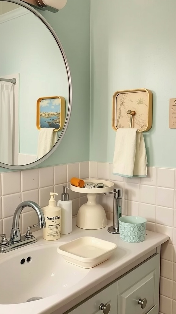 A vintage-inspired bathroom sink area with accessories.