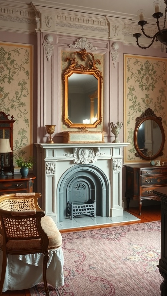 A cozy vintage bedroom featuring an ornate fireplace, pastel walls with floral patterns, and elegant furnishings.