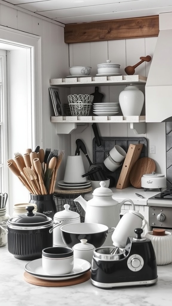 A collection of vintage kitchen accessories, including teapots and utensils, displayed in a farmhouse kitchen.