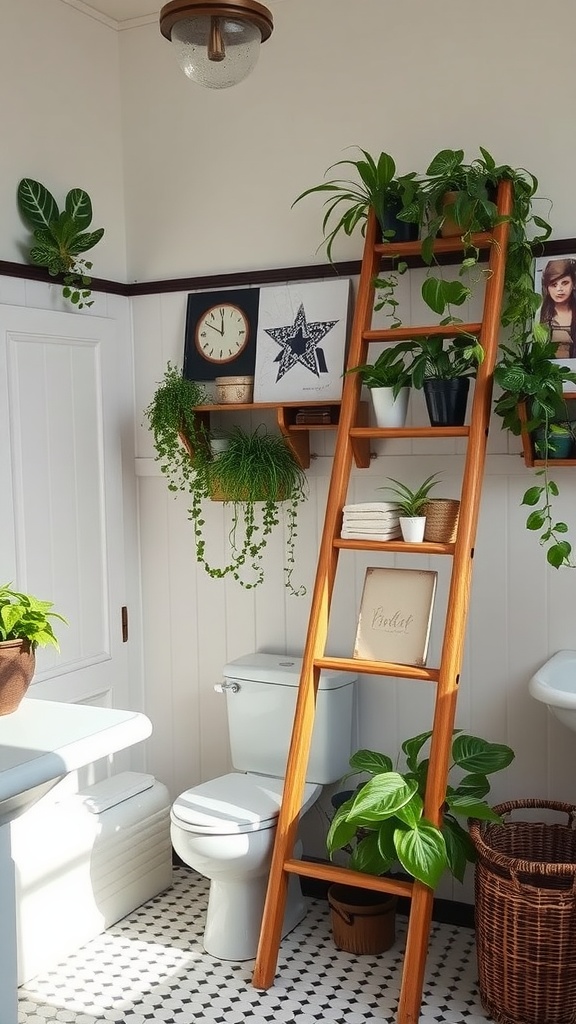 A vintage wooden ladder used for storage in a bathroom, adorned with plants and decorative items.