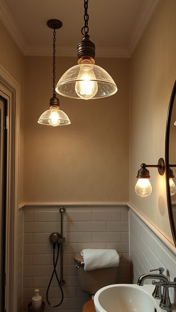 Vintage style bathroom lighting fixtures with glass shades and warm light bulbs.