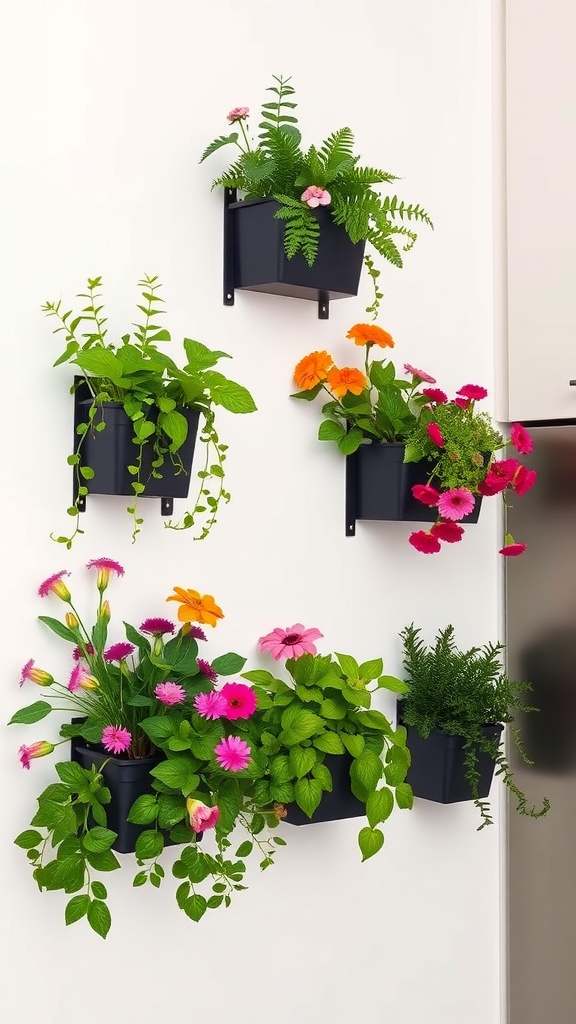 Wall-mounted planter boxes with vibrant flowers and plants against a white wall