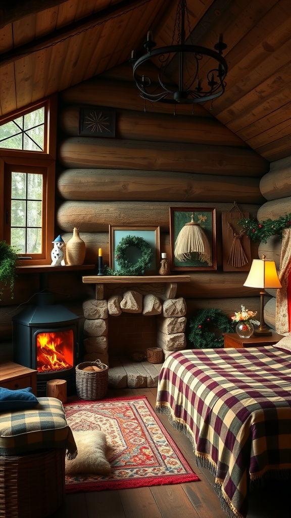 Cozy bedroom with rustic wooden walls, a fireplace, plaid bedding, and decorative elements.