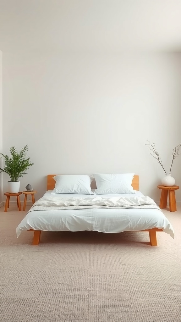 A serene bedroom featuring a white futon bed with soft pillows and simple decor.